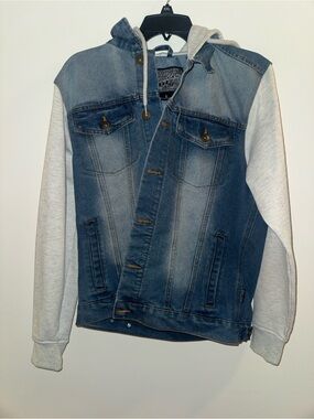 Denim Hooded Jacket with Light Gray Sweatshirt Sleeves